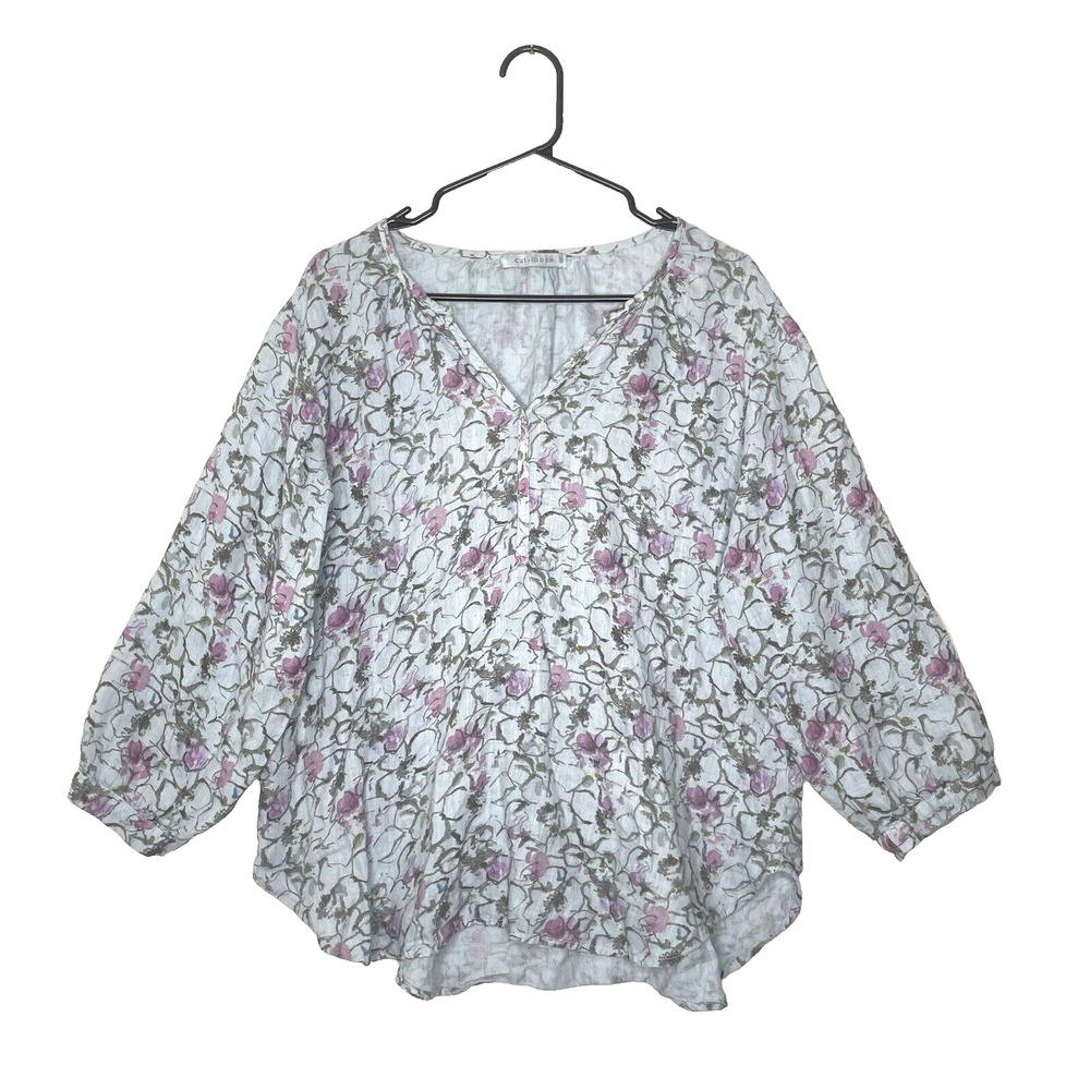 cut loose blue Floral V-Neck Blouse with Pink Flowers
